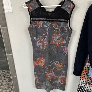 Weston Wear Gray Sheath Dress with Multicolor Floral Print and Black Mesh Yoke